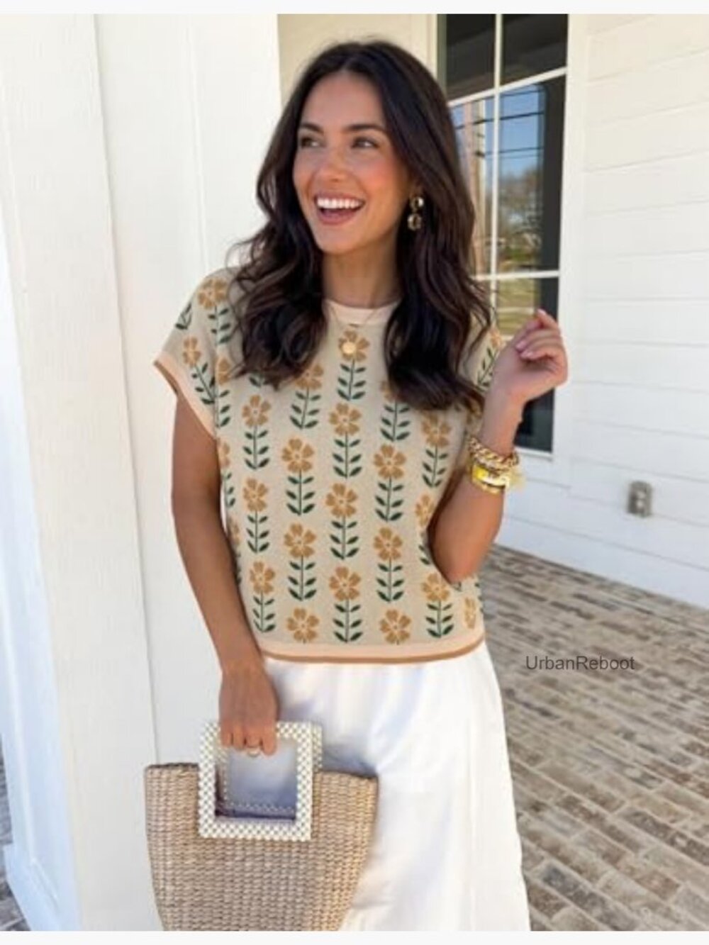 Women's Floral Short Sleeve Sweater Vest Crewneck Loose Knit Tank Top - Picture 2 of 7